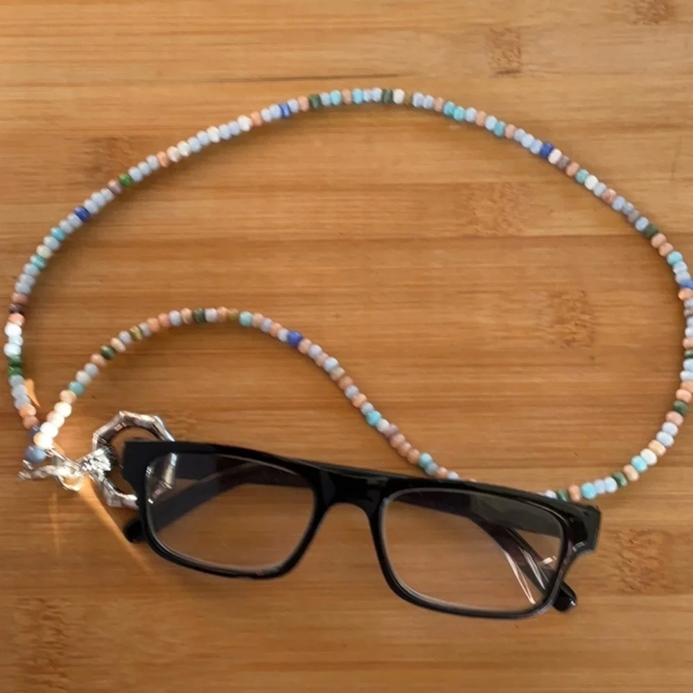 Hand Crafted Eyeglass Necklace Holder Gemstones Blue Beige Green Multi 26 inches